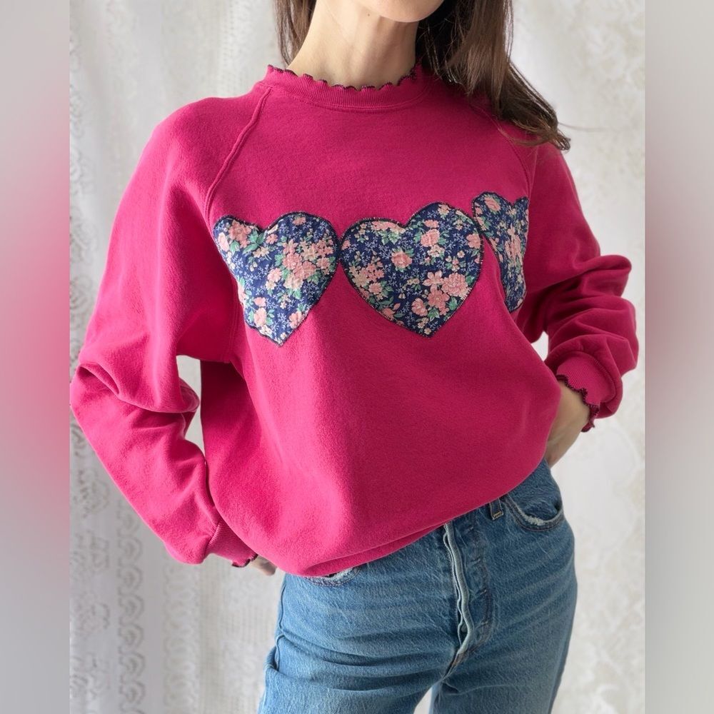 Vintage Handmade Pink Heart Sweatshirt Floral Appliqué Cozy Fleece